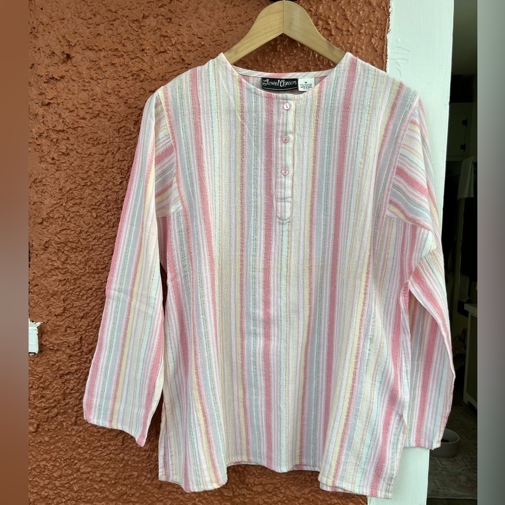 Jewel Queen 100% Cotton Pull Over/ Tunic Striped, Beachwear, Pastel Size Medium
